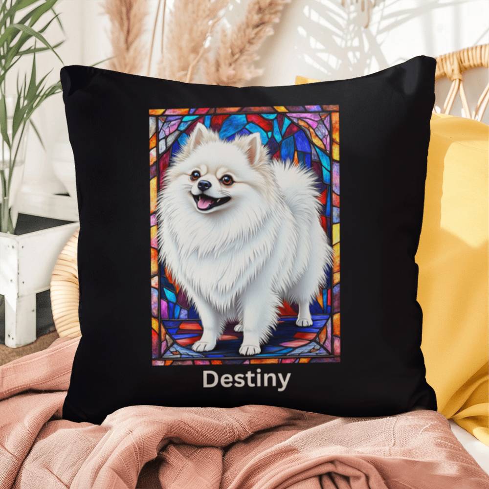 Pomeranian (White) Indoor/Outdoor Pillow - Personalized Stained Glass Dog Tribute & Comfort Gift