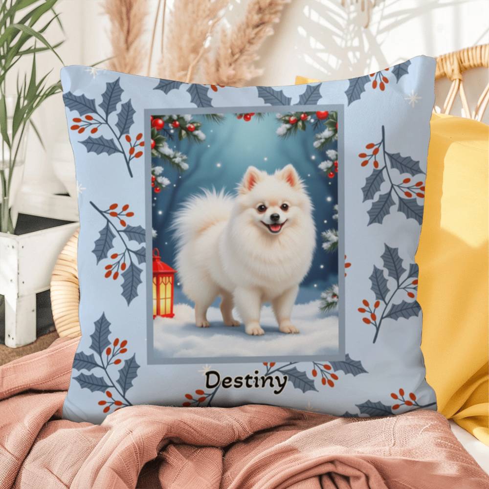 Pomeranian White Pillow - Winter Pomeranian throw pillow, indoor dog accent, cozy home decor