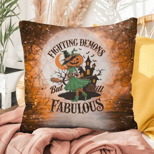 Halloween-themed indoor/outdoor throw pillow featuring “Fighting Demons” motivational message