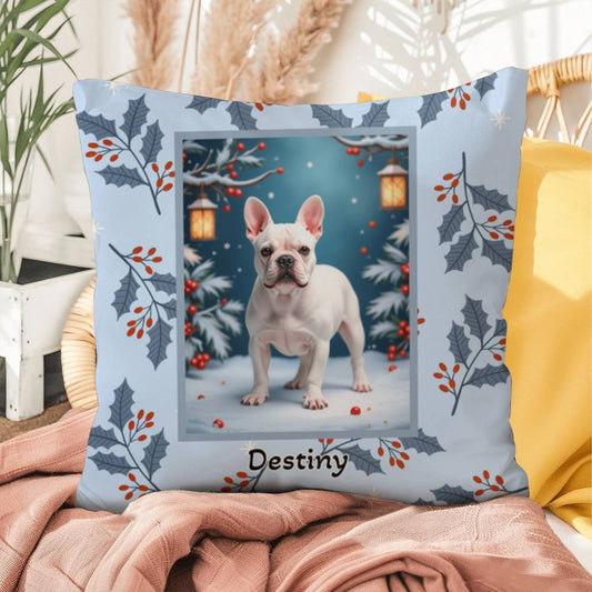 French Bulldog White Pillow - Holiday Frenchie throw pillow, indoor cozy dog accent pillow