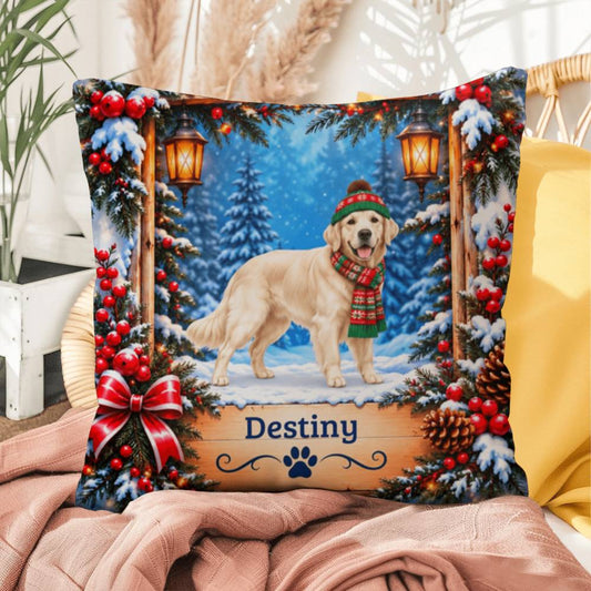 Golden Retriever (English Cream Coat) - Personalized Winter Forest Pillow, Custom Dog Name Gift - MySisterIsAsurvor