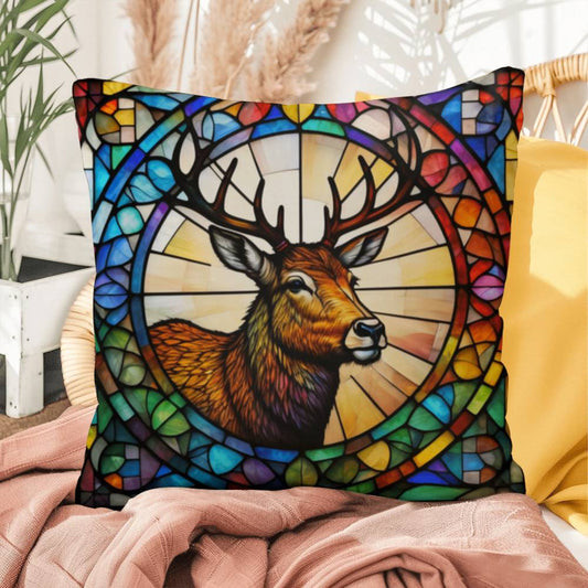 Deer stained glass throw pillow, woodland wildlife decor, indoor outdoor cozy home accent