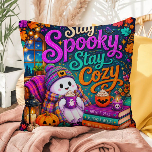 Stay Spooky Stay Cozy quote with ghosts and books on a Halloween throw pillow