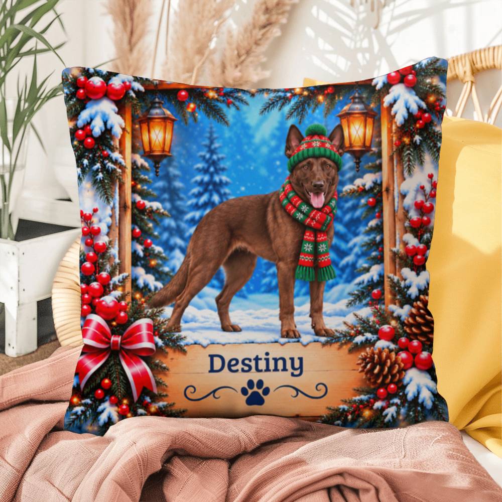 Belgian Malinois (Liver-Chocolate Coat) - Personalized Winter Pillow, Custom Dog Name Gift