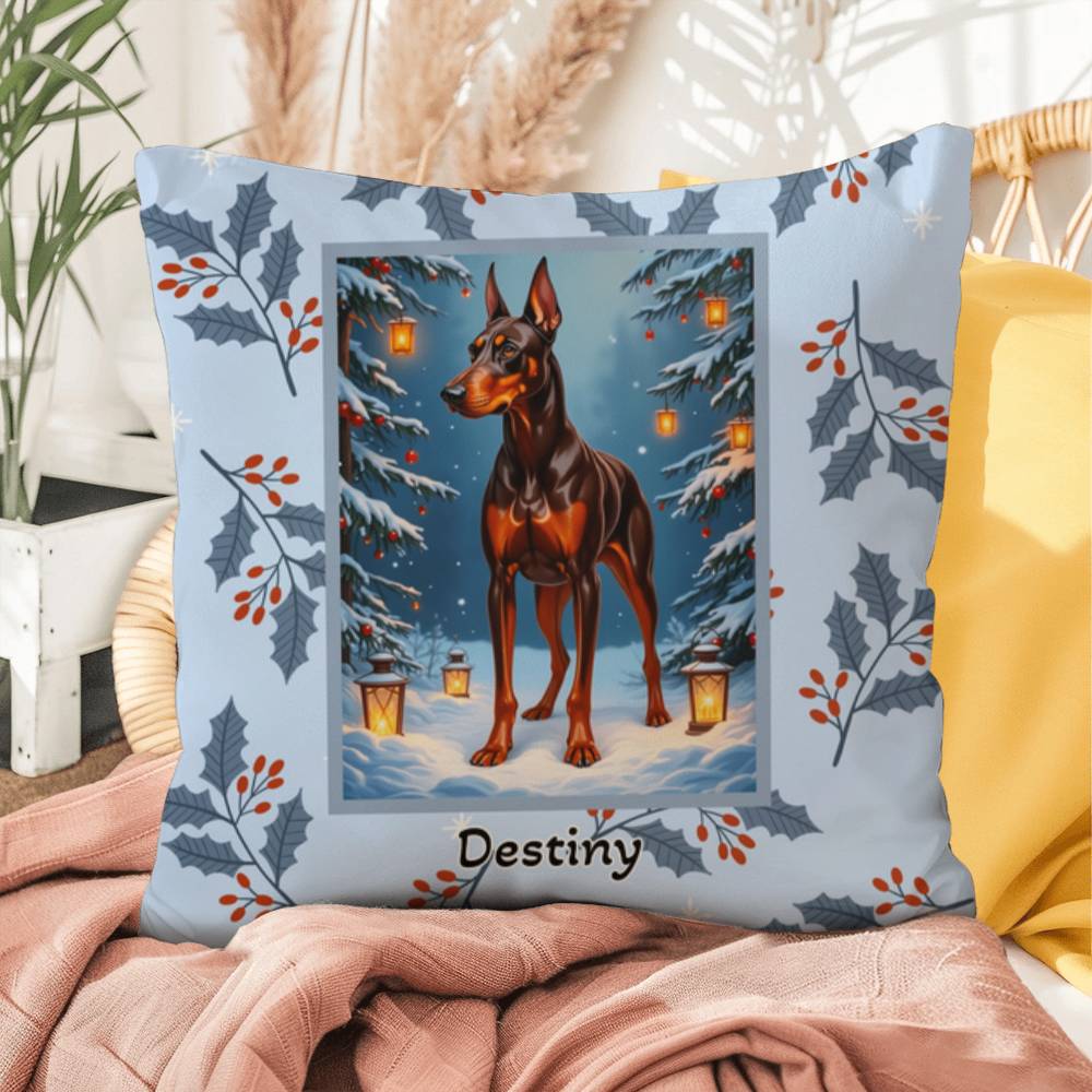 Doberman Red & Rust Pillow - Holiday Doberman throw pillow, festive winter dog decor, indoor cozy accent