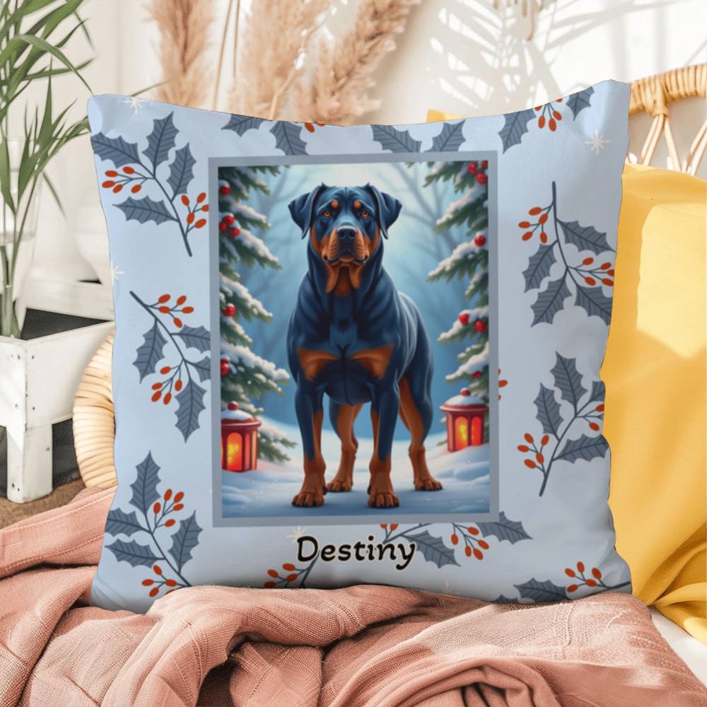 Rottweiler Blue Pillow - Guardian Rottweiler pillow, winter dog throw, indoor/outdoor home accent