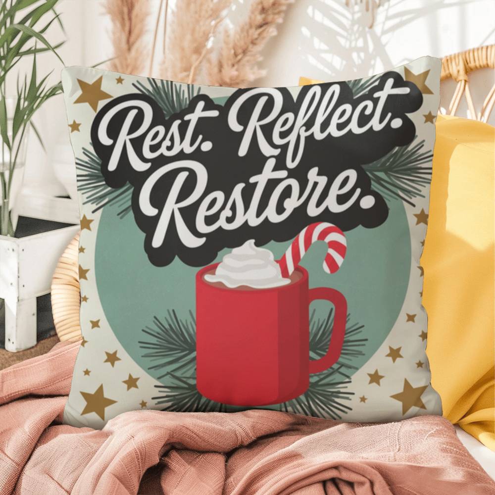 Rest. Reflect. Restore Throw Pillow - Peaceful Christmas pillow for rest and mindfulness