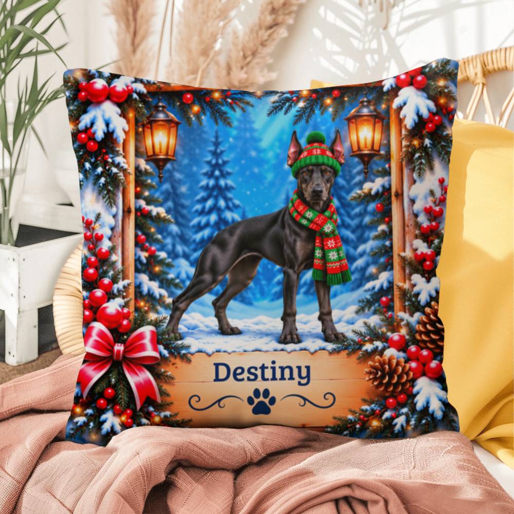 Doberman (Black Coat) - Personalized Snowy Forest Throw Pillow for Doberman Lovers
