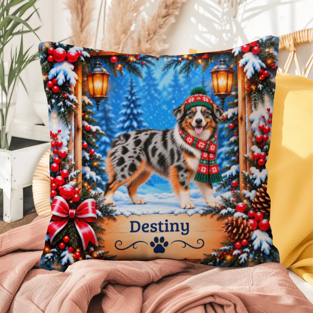 Australian Shepherd (Blue Merle Tri, Amber Eyes) - Personalized Winter Pillow for Aussie Lovers