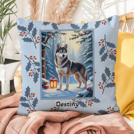Husky Wolf Grey Pillow - Frosty Husky pillow, winter dog throw, seasonal indoor home accent
