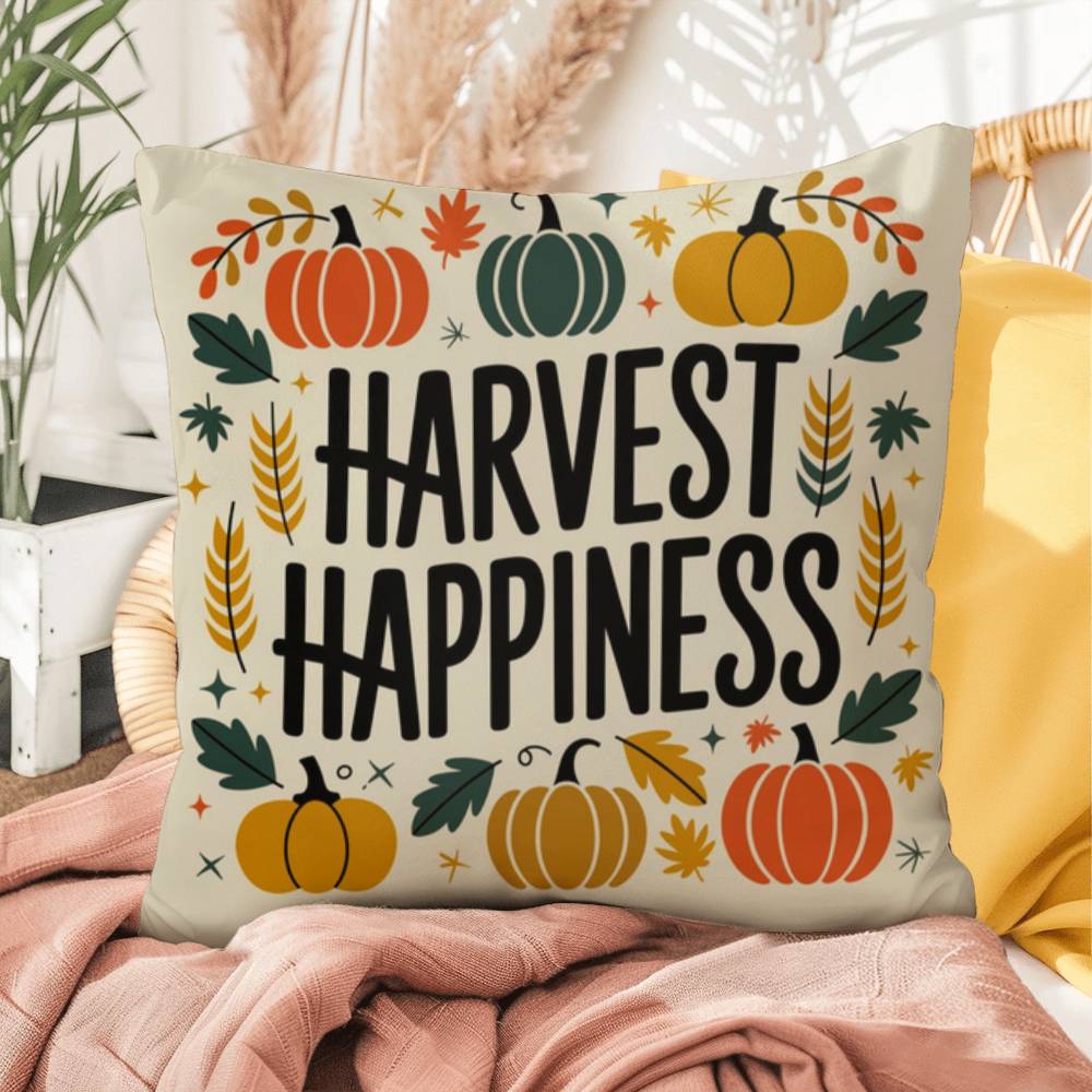 Harvest Happiness throw pillow with fall mindfulness quote, cozy colors and seasonal home décor