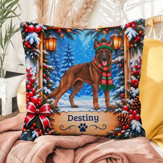 Belgian Malinois (Mahogany Coat) - Personalized Winter Lodge Pillow, Custom Dog Name Cushion - MySisterIsAsurvor