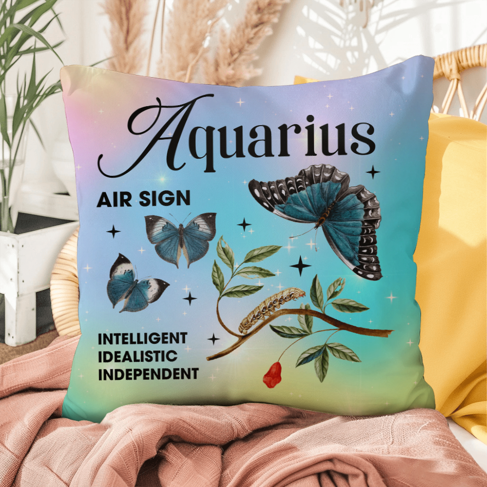 Aquarius Butterfly Indoor/Outdoor Pillow – Zodiac Astrology Decor, Boho Accent for Home & Patio