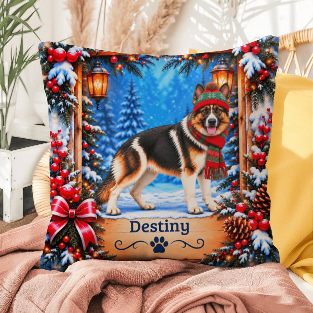 German Shepherd (Panda Piebald) - Personalized Winter Throw Pillow, Custom Name Gift for Dog Lovers