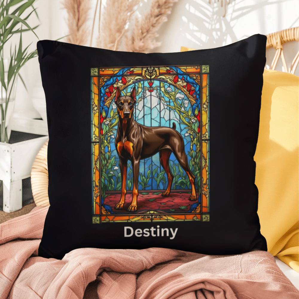 Doberman Pinscher (Brown & Rust) Indoor/Outdoor Pillow - Personalized Stained Glass Dog Tribute & Comfort Gift