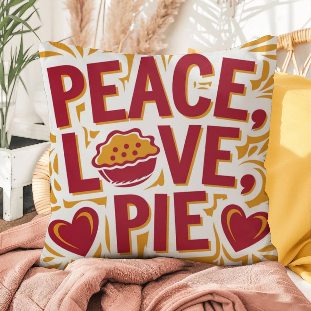 Peace, Love, Pie throw pillow with colorful fall design and mindfulness quote for seasonal comfort