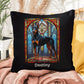 Doberman Pinscher (Black & Rust) Indoor/Outdoor Pillow - Personalized Stained Glass Dog Tribute & Comfort Gift