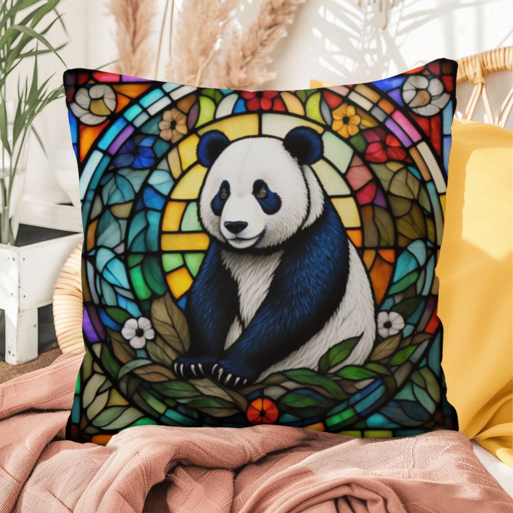 Panda stained glass throw pillow, wildlife animal decor, indoor outdoor cozy home accent