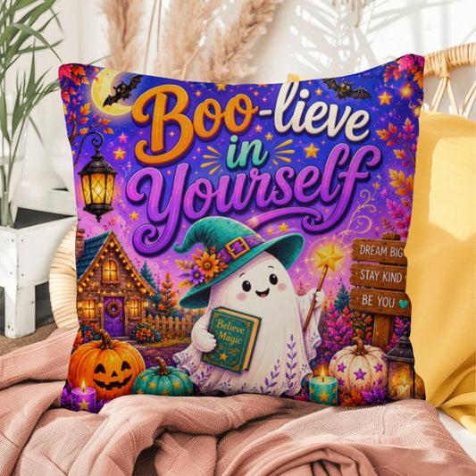Boo-lieve In Yourself message with friendly ghost illustration on an encouraging Halloween throw pillow