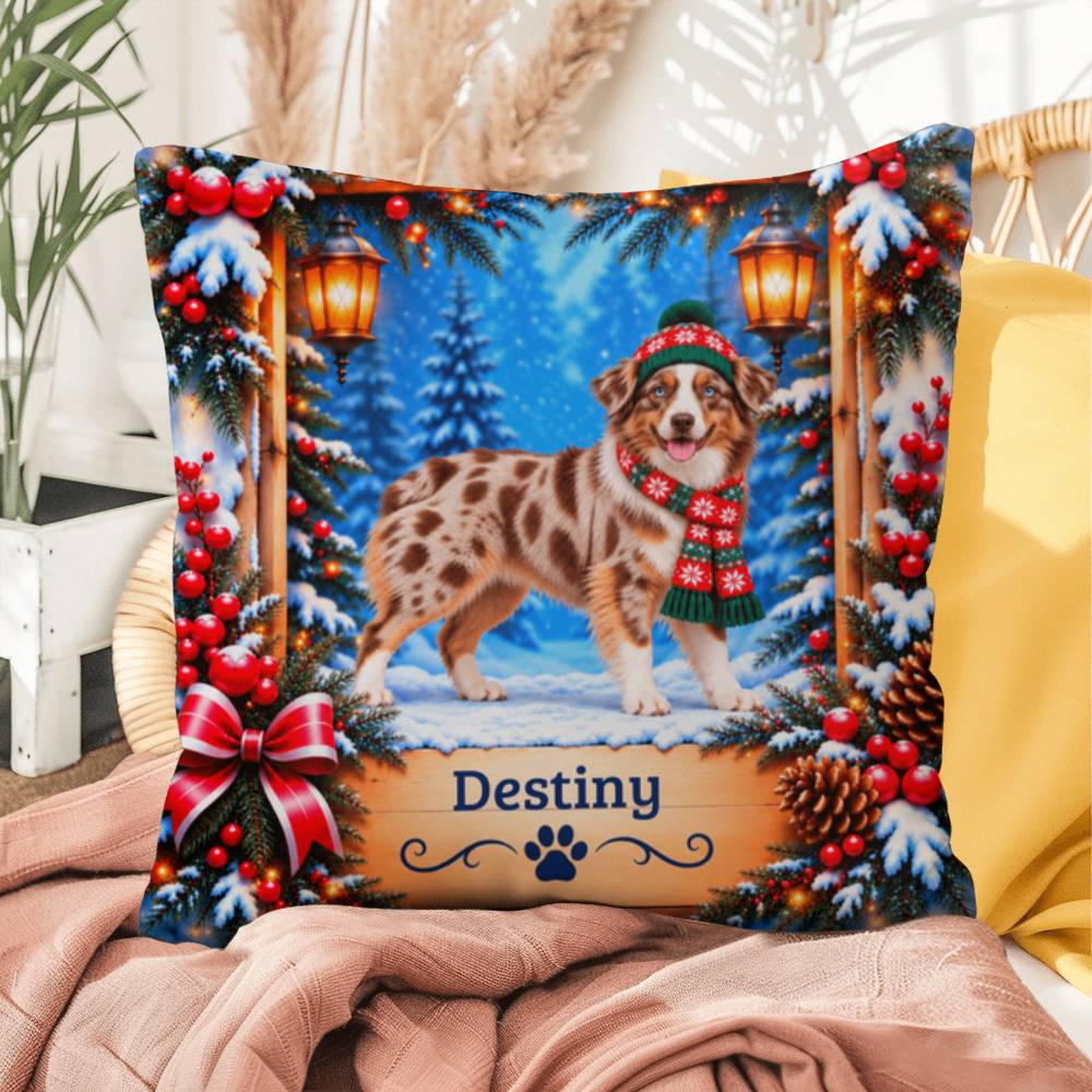 Australian Shepherd (Red Merle Tri, Blue Eyes) - Personalized Throw Pillow, Cozy Winter Dog Gift