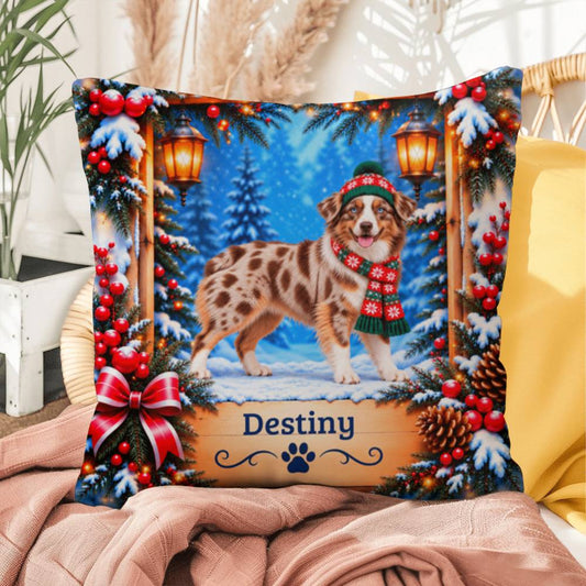 Australian Shepherd (Red Merle Tri, Blue Eyes) - Personalized Throw Pillow, Cozy Winter Dog Gift - MySisterIsAsurvor