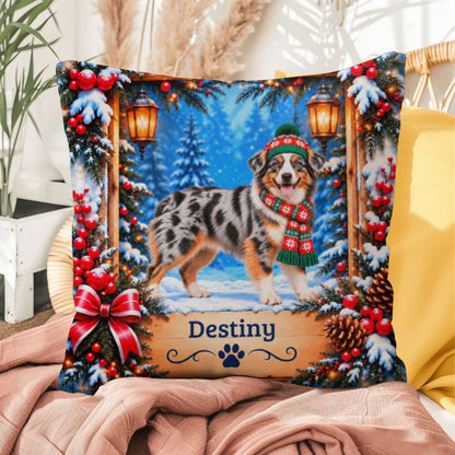 Australian Shepherd (Blue Merle Tri Coat) - Personalized Blue-Eyed Aussie Pillow, Winter Dog Gift