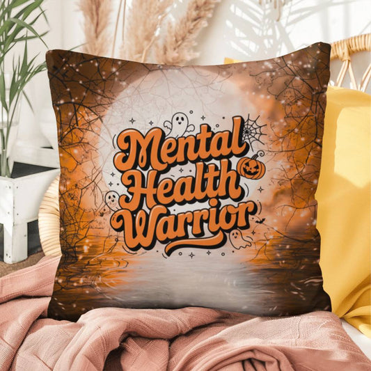 Halloween indoor/outdoor pillow with “Mental Health Warrior” for support and awareness