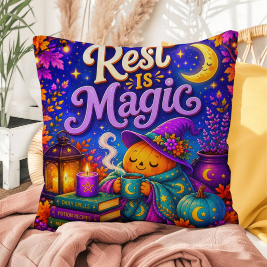 Rest Is Magic quote with witch, moon, and self care artwork on a Halloween throw pillow