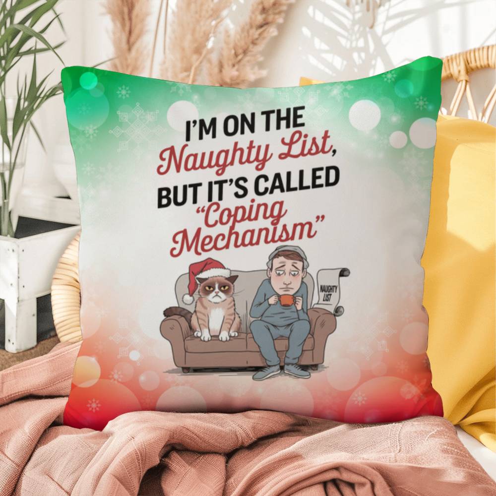 I’m on the Naughty List (Man and Cat) Throw Pillow - Christmas humor indoor decorative pillow