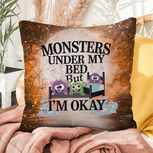 Halloween indoor/outdoor throw pillow with “Monsters Under My Bed” for seasonal fun