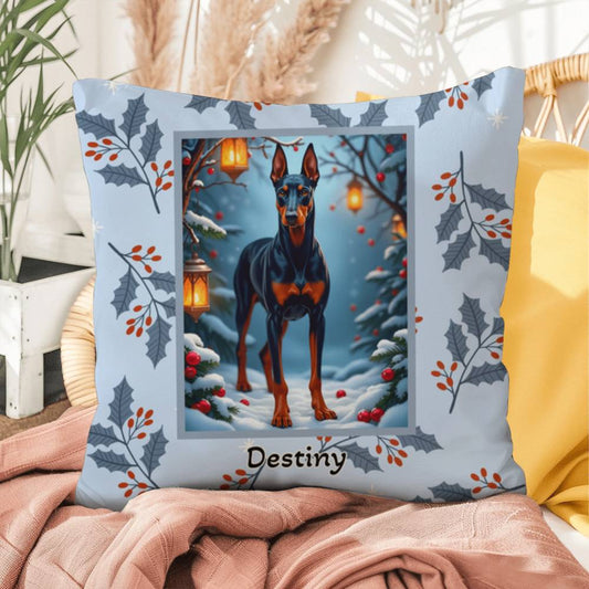 Doberman Blue & Rust Pillow - Festive winter throw pillow, personalized guardian dog home accent, cozy decor