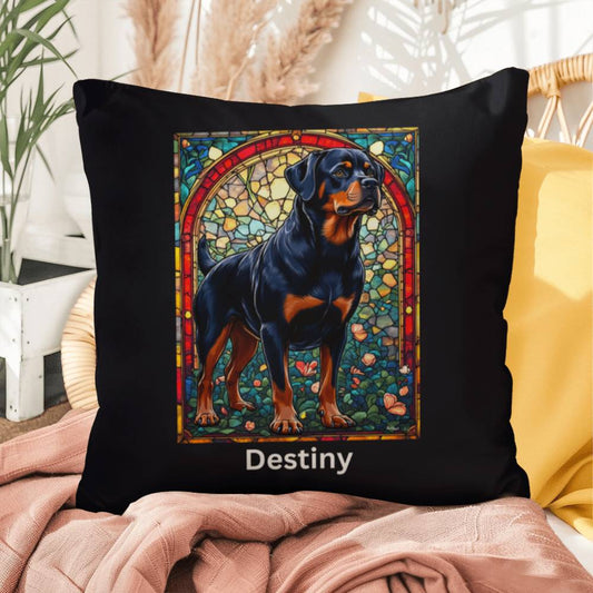Rottweiler (Black and Mahogany) Indoor/Outdoor Pillow - Personalized Stained Glass Dog Tribute & Comfort Gift