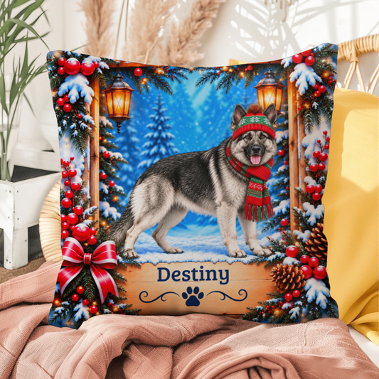 German Shepherd (Black & Silver Coat) - Personalized Snowy Forest Pillow, Custom Name Gift - MySisterIsAsurvor