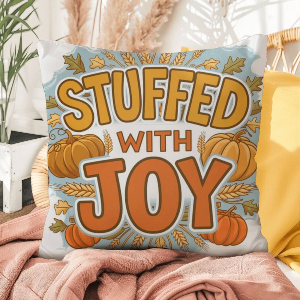 Stuffed With Joy pillow in autumn colors with mindful gratitude quote for cozy Thanksgiving décor