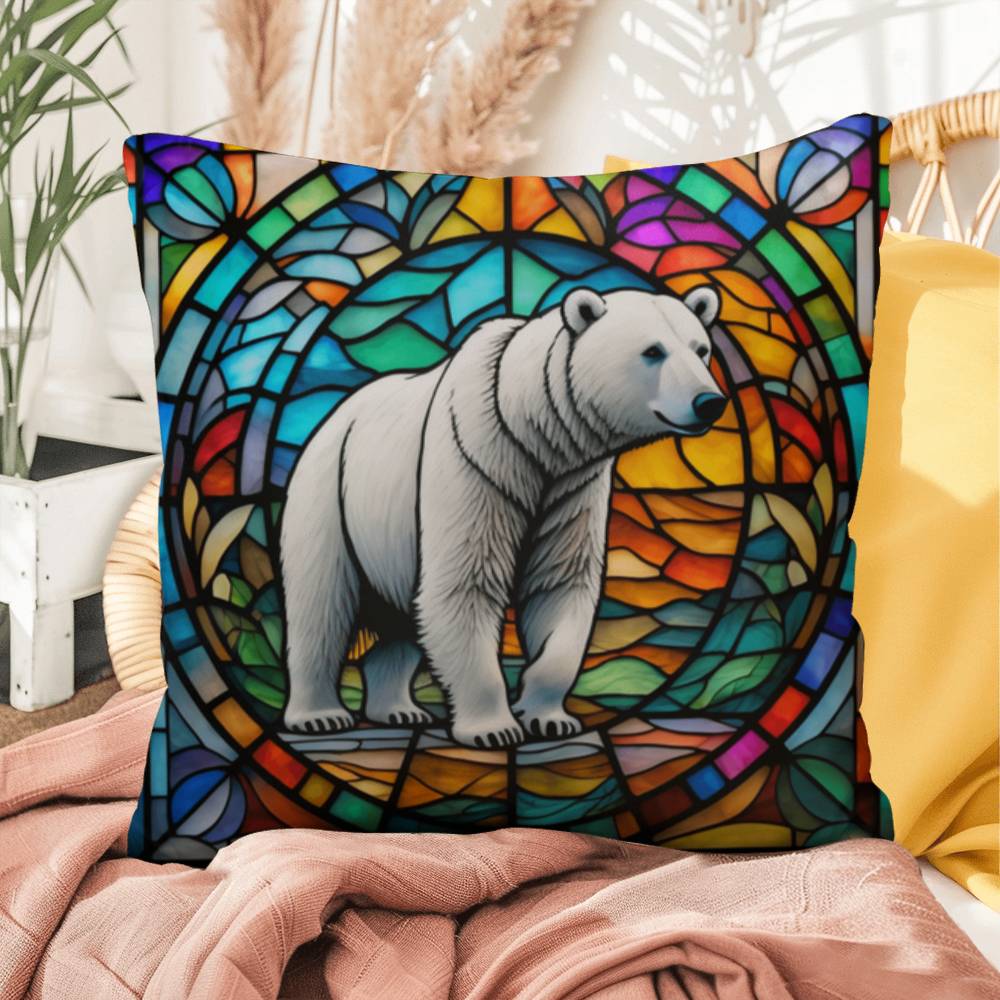 Polar Bear stained glass throw pillow, Arctic wildlife decor, indoor outdoor home accent