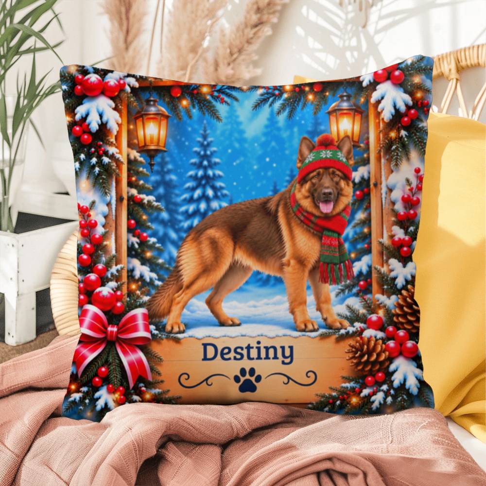 German Shepherd (Liver & Tan Coat) - Personalized Dog Name Pillow, Cozy Woodland Winter Decor