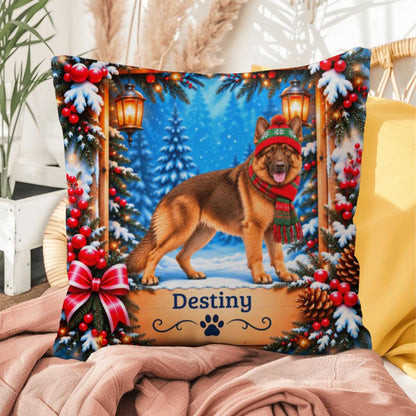 German Shepherd (Liver & Tan Coat) - Personalized Dog Name Pillow, Cozy Woodland Winter Decor