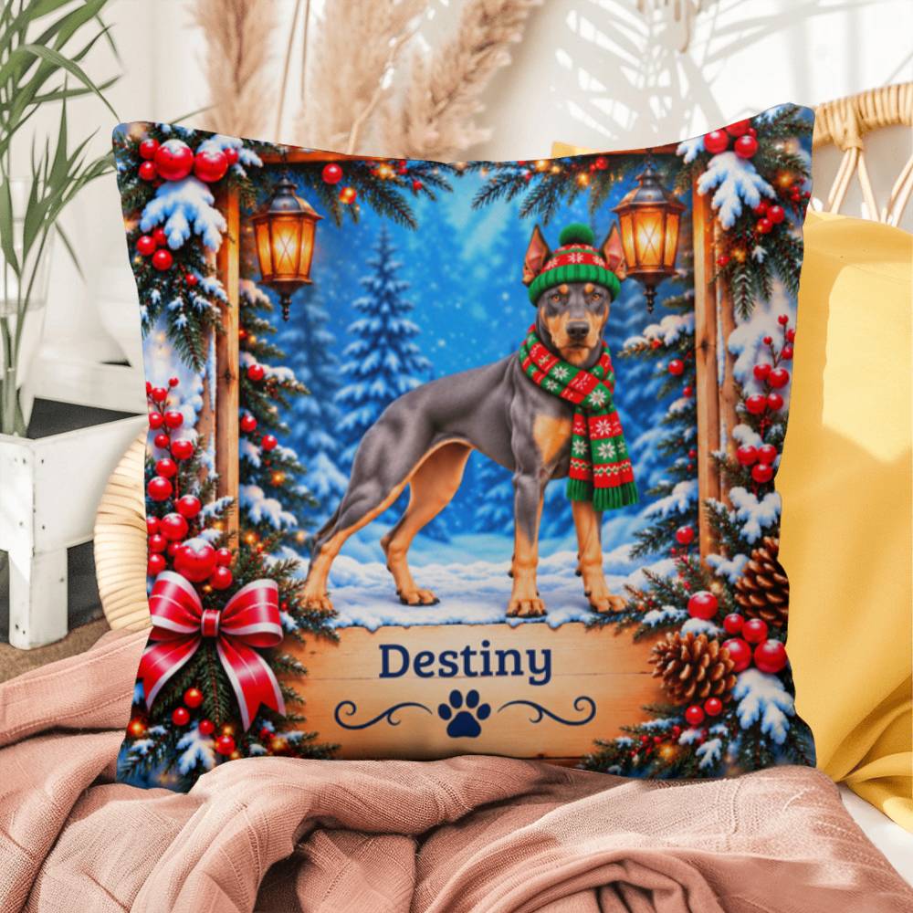 Doberman (Blue & Rust Coat) - Personalized Lantern-Lit Lodge Pillow for Dobie Lovers