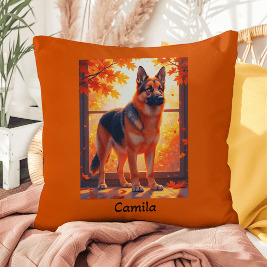 Black and Red German Shepherd pillow, custom indoor outdoor dog cushion for home and patio - MySisterIsASurvivor