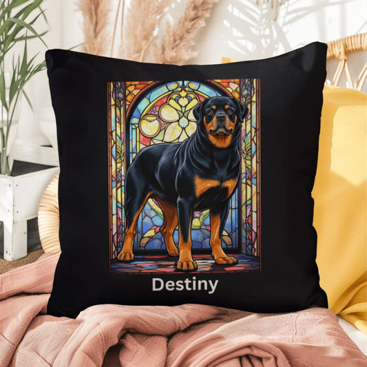 Rottweiler (Black and Tan) Indoor/Outdoor Pillow - Personalized Stained Glass Dog Tribute & Comfort Gift