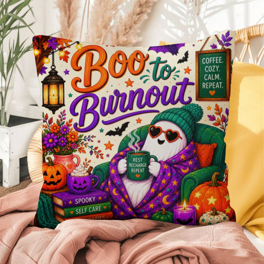 Boo To Burnout quote with ghost and coffee artwork on a Halloween throw pillow promoting self care
