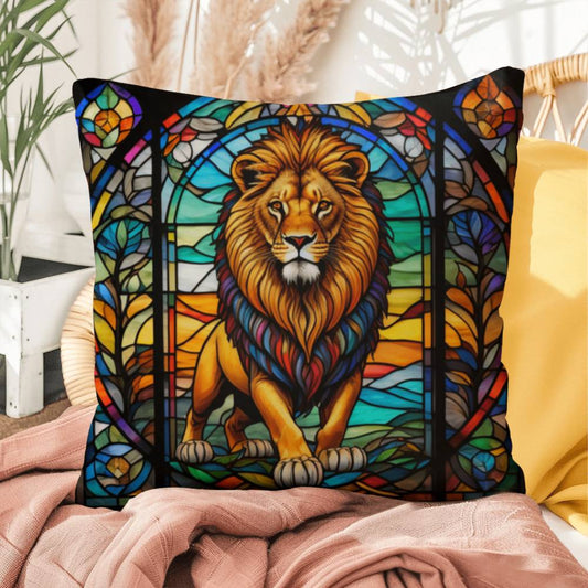 Lion stained glass throw pillow, safari wildlife home decor, indoor outdoor accent cushion