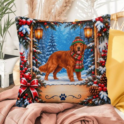 Golden Retriever (Red Field Coat) - Personalized Winter Forest Pillow, Custom Dog Name Gift