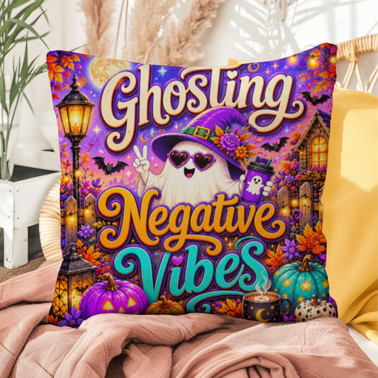 Ghosting Negative Vibes message with peace sign ghost artwork on a positive Halloween throw pillow