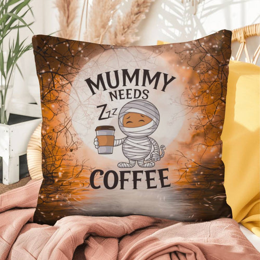 Halloween indoor/outdoor pillow with “Mummy Needs Coffee” for spooky humor and décor