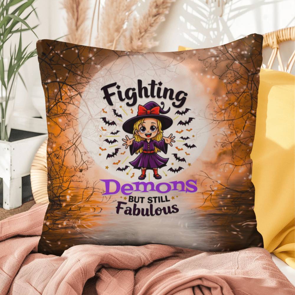 Halloween indoor/outdoor pillow with “Fighting Demons but still” for mental health and resilience