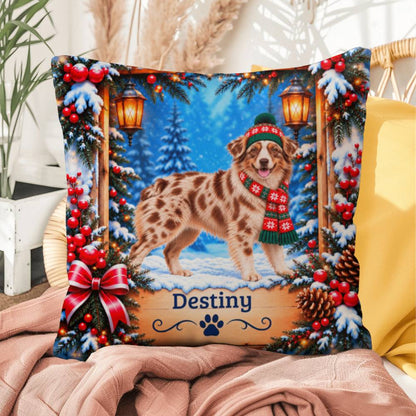 Australian Shepherd (Red Merle Coat, Amber Eyes) - Personalized Dog Name Pillow, Winter Home Gift