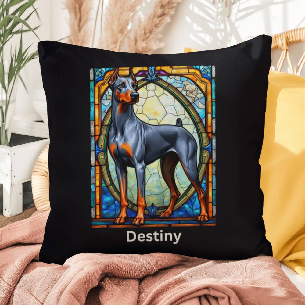 Doberman Pinscher (Blue & Rust) Indoor/Outdoor Pillow - Personalized Stained Glass Dog Tribute & Comfort Gift