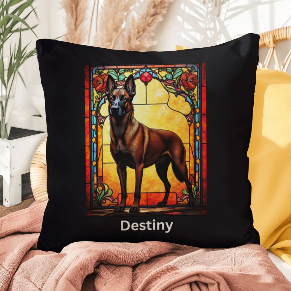 Belgian Malinois (Red Sable) Indoor/Outdoor Pillow - Personalized Stained Glass Dog Tribute & Comfort Gift