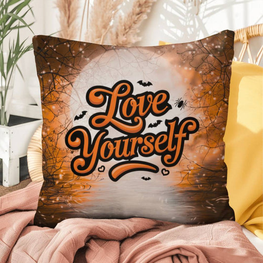 Halloween indoor/outdoor pillow with “Love Yourself” for mental health and self-love décor